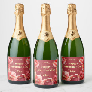 Happy Galentine's Day  Crimson Floral Gold   Sparkling Wine Label