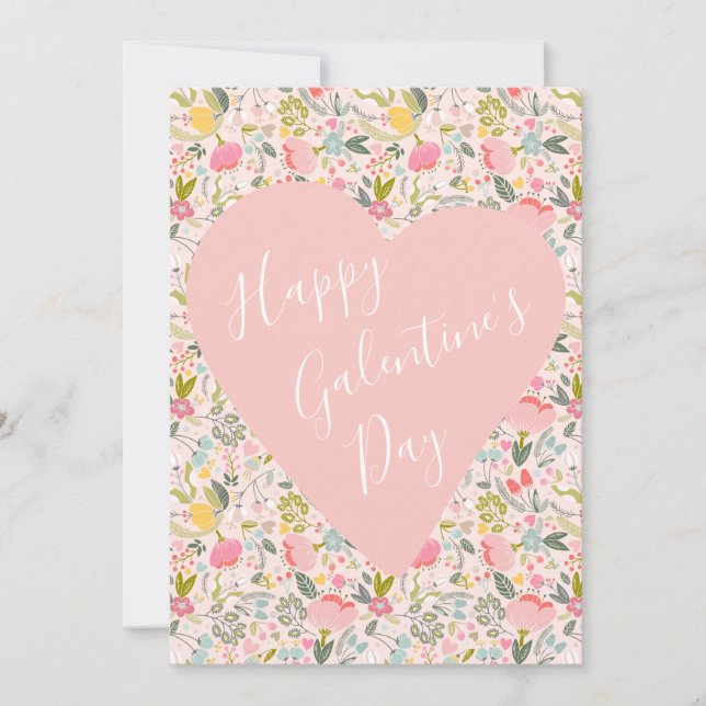 Happy Galentine's Day floral girly pink heart Holiday Card (Front)