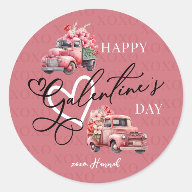 Happy Galentine's Day Flower Truck  Classic Round Sticker (Front)