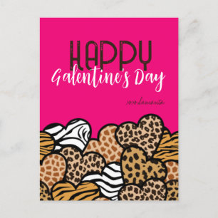 Happy Galentines Day Pink Animal Print Hearts Name Holiday Postcard