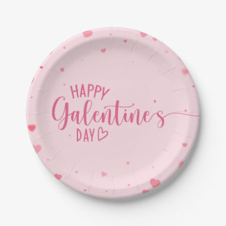 Happy Galentine's Day Pink Hearts Paper Plate