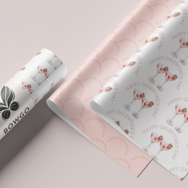 Happy Galentine's Day Pink Strawberry Cocktail Wrapping Paper Sheet (Happy Galentine's Day Pink Strawberry Cocktail Wrapping Paper Sheets)