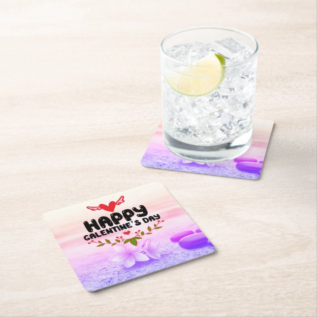 Happy Galentine's Day Red Heart & Wings Party Square Paper Coaster (Insitu)