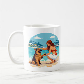 Happy German Shepherd And Woman Bonding On Beach Coffee Mug