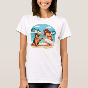 Happy German Shepherd And Woman Bonding On Beach T-Shirt