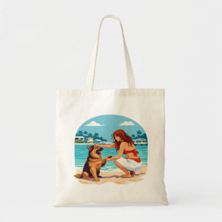 Happy German Shepherd And Woman Bonding On Beach Tote Bag