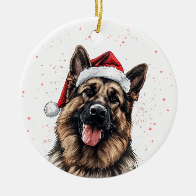 Happy German Shepherd Dog Christmas Personalized Ceramic Ornament (Front)