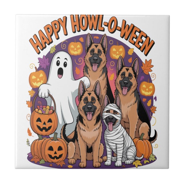 Happy German Shepherd Halloween Ceramic Tile (Front)