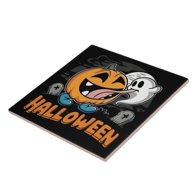 Happy ghost and pumpkin celebrating Halloween fun Ceramic Tile (Side)