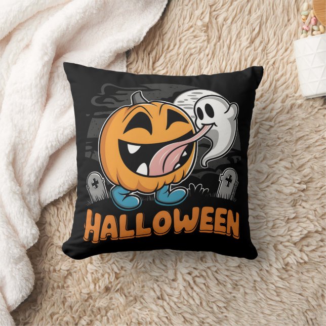 Happy ghost and pumpkin celebrating Halloween fun Cushion (Blanket)