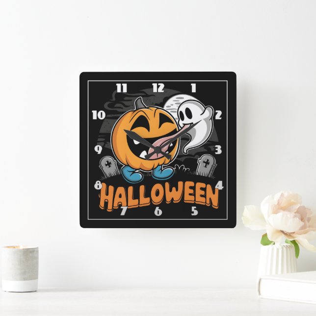 Happy ghost and pumpkin celebrating Halloween fun Square Wall Clock (Home)