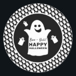 Happy Ghost, Black Halloween Party Classic Round Sticker<br><div class="desc">These stickers are perfect for anyone planning a Halloween celebration. The design features happy ghosts on the front with a tiled ghost pattern and is finished with matching editable wording. This fun design can be personalized to suit your special event and will be the perfect accessory for any Halloween themed...</div>