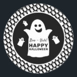 Happy Ghost, Black Halloween Party Classic Round Sticker<br><div class="desc">These stickers are perfect for anyone planning a Halloween celebration. The design features happy ghosts on the front with a tiled ghost pattern and is finished with matching editable wording. This fun design can be personalized to suit your special event and will be the perfect accessory for any Halloween themed...</div>