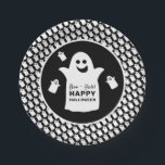 Happy Ghost, Black Halloween Party Paper Plate<br><div class="desc">These paper plates are perfect for anyone planning a Halloween celebration. The design features happy ghosts on the front with a tiled ghost pattern and is finished with matching editable wording. This fun design can be personalized to suit your special event and will be the perfect accessory for any Halloween...</div>