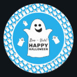 Happy Ghost, Blue Halloween Party Classic Round Sticker<br><div class="desc">These stickers are perfect for anyone planning a Halloween celebration. The design features happy ghosts on the front with a tiled ghost pattern and is finished with matching editable wording. This fun design can be personalized to suit your special event and will be the perfect accessory for any Halloween themed...</div>