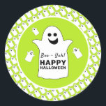 Happy Ghost, Green Halloween Party Classic Round Sticker<br><div class="desc">These stickers are perfect for anyone planning a Halloween celebration. The design features happy ghosts on the front with a tiled ghost pattern and is finished with matching editable wording. This fun design can be personalized to suit your special event and will be the perfect accessory for any Halloween themed...</div>