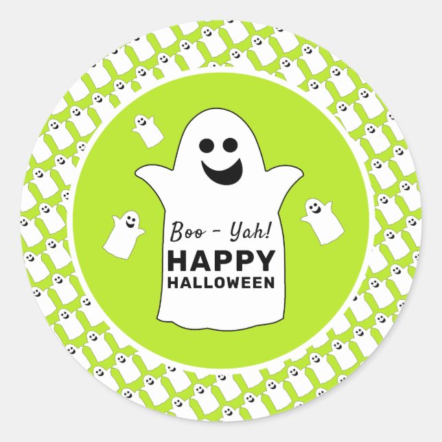 Happy Ghost, Green Halloween Party Classic Round Sticker (Front)