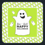 Happy Ghost, Green Halloween Party Square Sticker<br><div class="desc">These stickers are perfect for anyone planning a Halloween celebration. The design features happy ghosts on the front with a tiled ghost pattern and is finished with matching editable wording. This fun design can be personalized to suit your special event and will be the perfect accessory for any Halloween themed...</div>