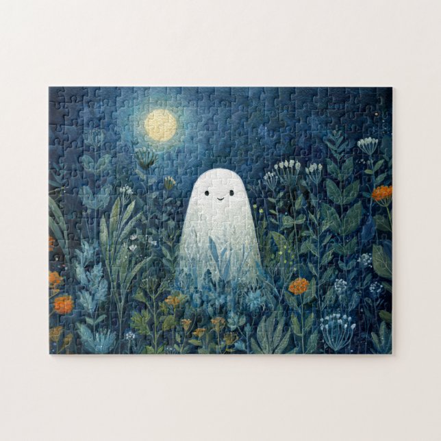 Happy Ghost in Moonlit Garden Jigsaw Puzzle (Horizontal)