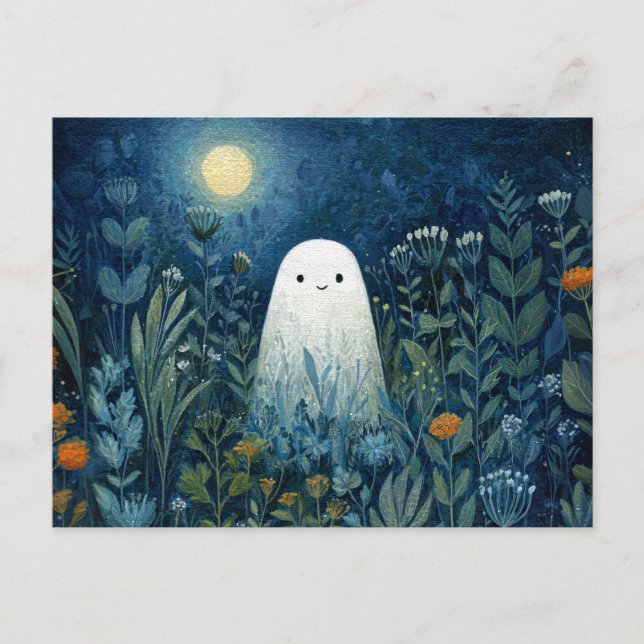 Happy Ghost in Moonlit Garden Postcard (Front)
