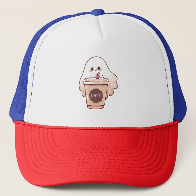 Happy Ghost Loves Coffee Sticker Trucker Hat (Front)