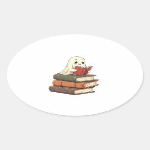 Happy Ghost Reader - Spooky Bookworm Oval Sticker