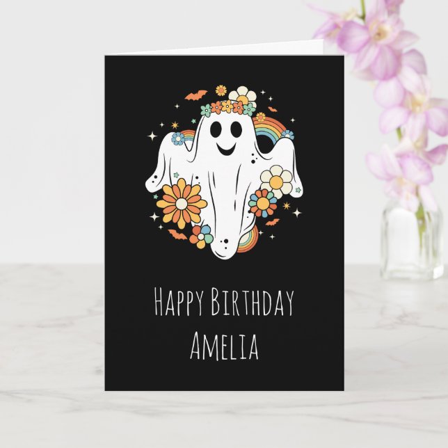 Happy Ghost Retro Hippie Vibe Birthday Card (Orchid)