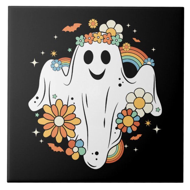 Happy Ghost Retro Hippie Vibe Ceramic Tile (Front)
