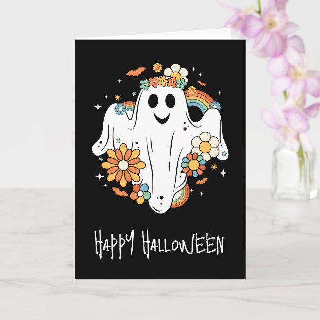 Happy Ghost Retro Hippie Vibe Halloween Card (Orchid)