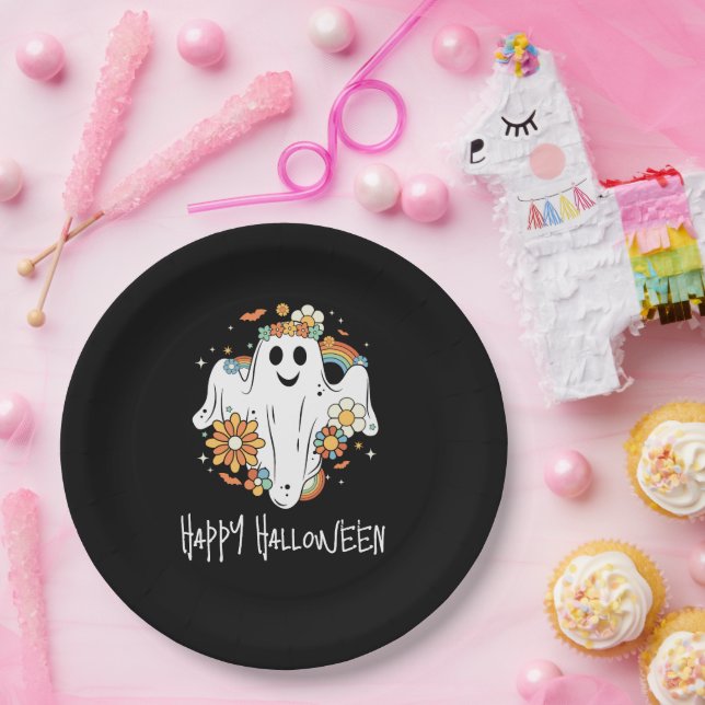Happy Ghost Retro Hippie Vibe Halloween Paper Plate (Party)