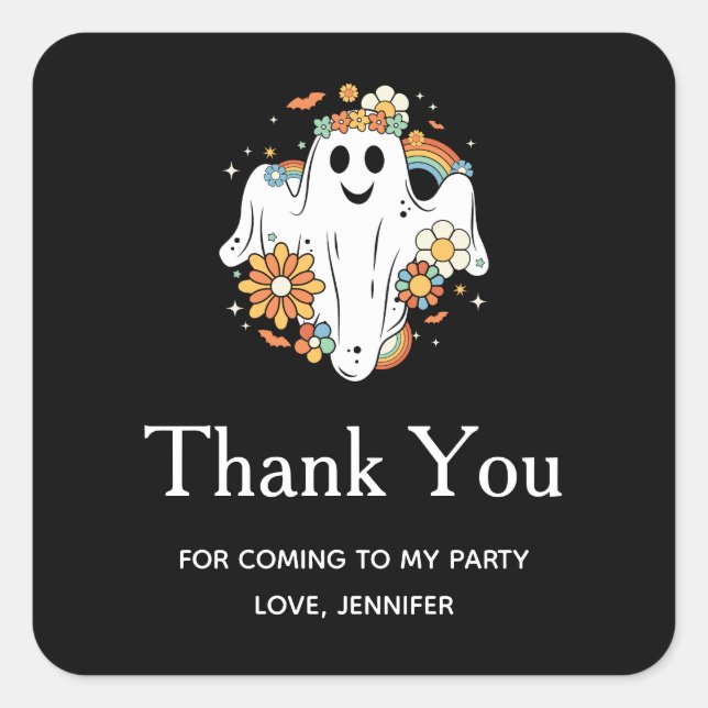 Happy Ghost Retro Hippie Vibe Party Thank You Square Sticker (Front)