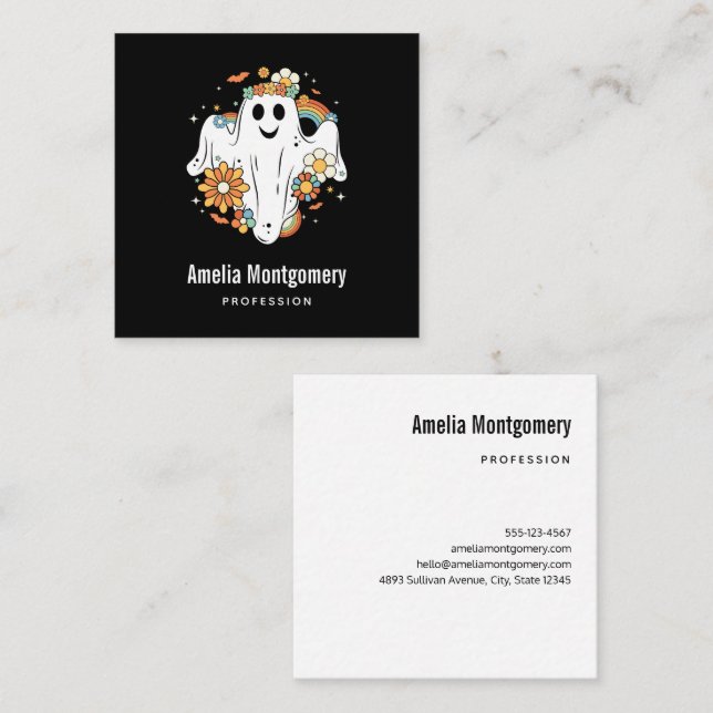 Happy Ghost Retro Hippie Vibe Square Business Card (Front/Back)