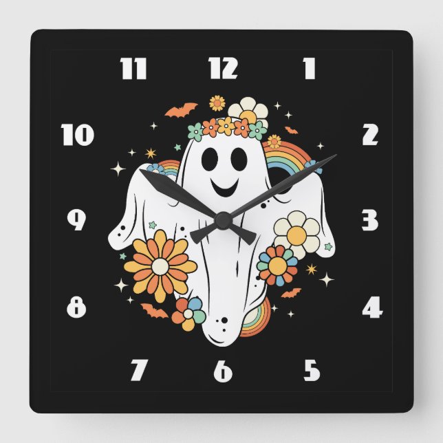 Happy Ghost Retro Hippie Vibe Square Wall Clock (Front)