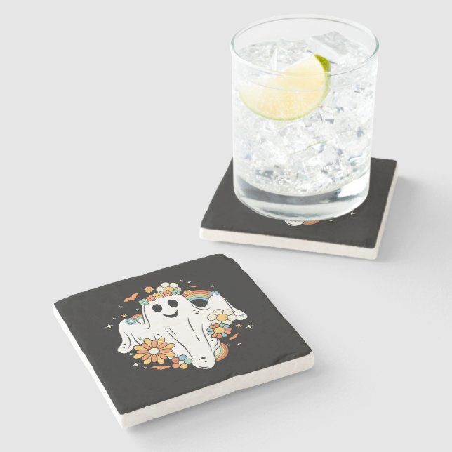 Happy Ghost Retro Hippie Vibe Stone Coaster (Side)