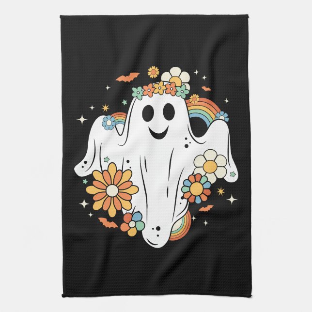 Happy Ghost Retro Hippie Vibe Tea Towel (Vertical)