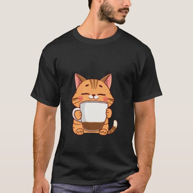 Happy Ginger Cat Hugging Coffee Mug Peace ✨🐾☕ T-Shirt (Front)