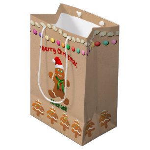 Happy Gingerbread Boy With Santa Hat Medium Gift Bag