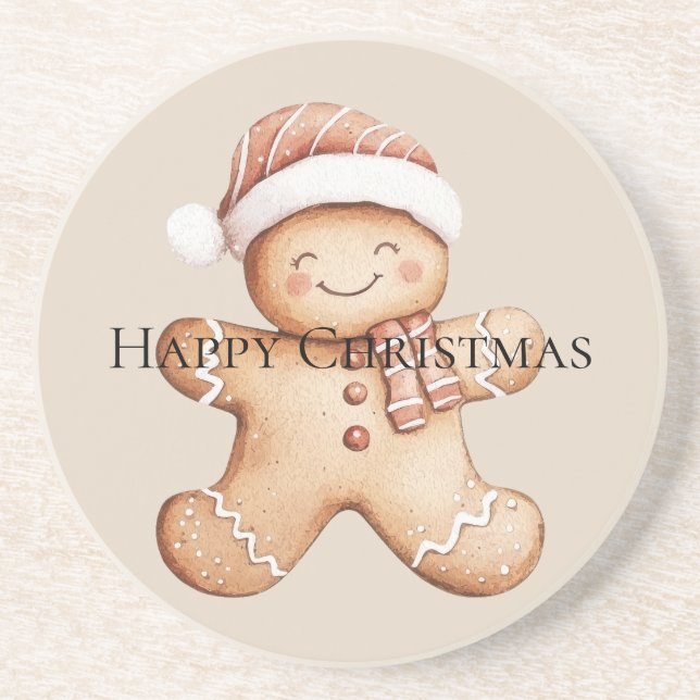 Happy Gingerbread Cookie with Santa Hat Coaster (Front)