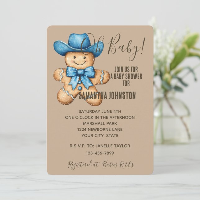 Happy Gingerbread Cowboy Baby Shower Invitation (Standing Front)