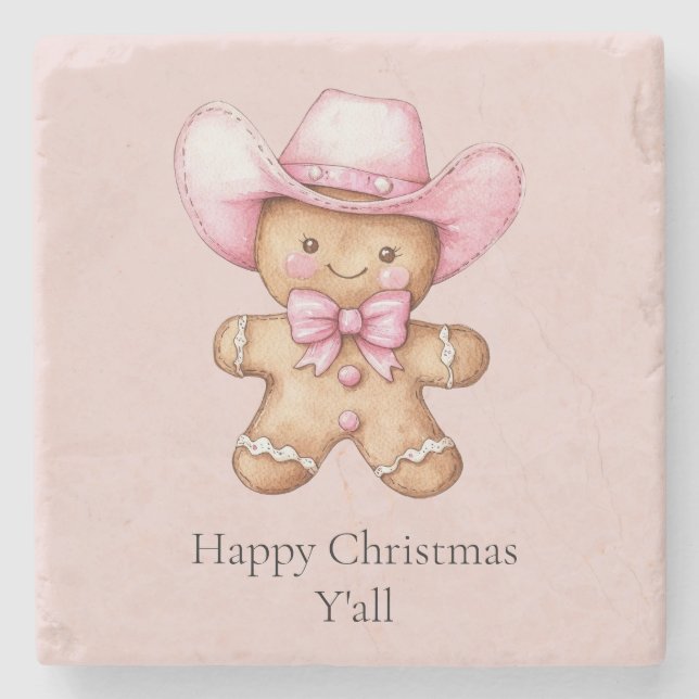 Happy Gingerbread Cowgirl Christmas Stone Coaster (Front)