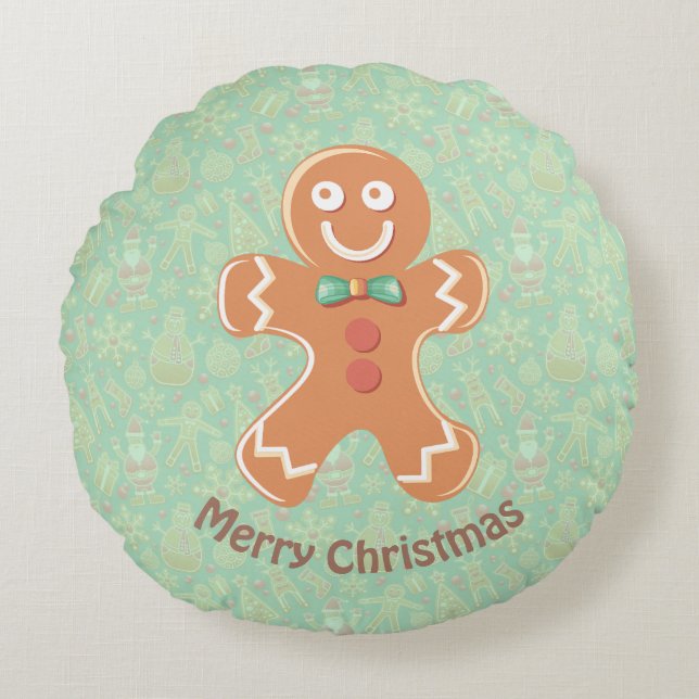 Happy Gingerbread Man Merry Christmas Round Cushion (Front)