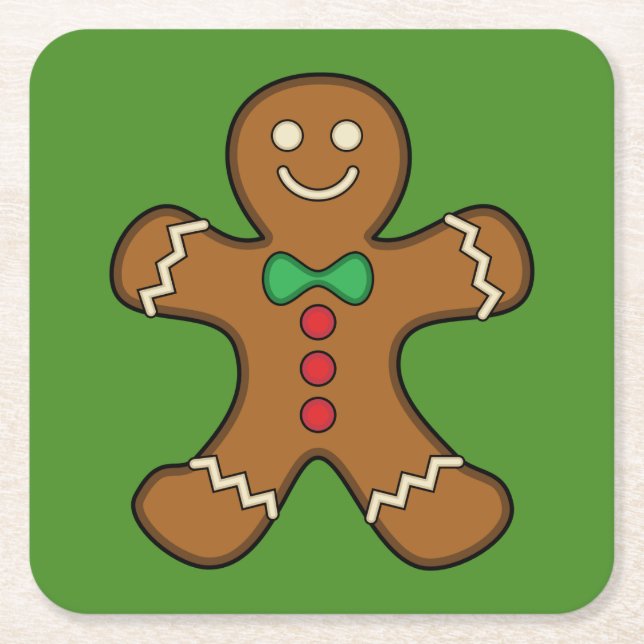 Happy Gingerbread Man Square Paper Coaster (Front)