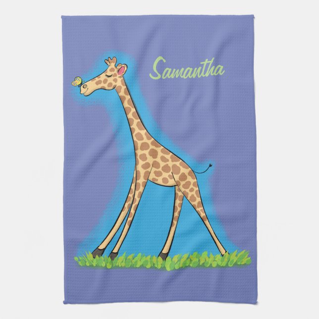 Happy giraffe with butterfly cartoon tea towel (Vertical)