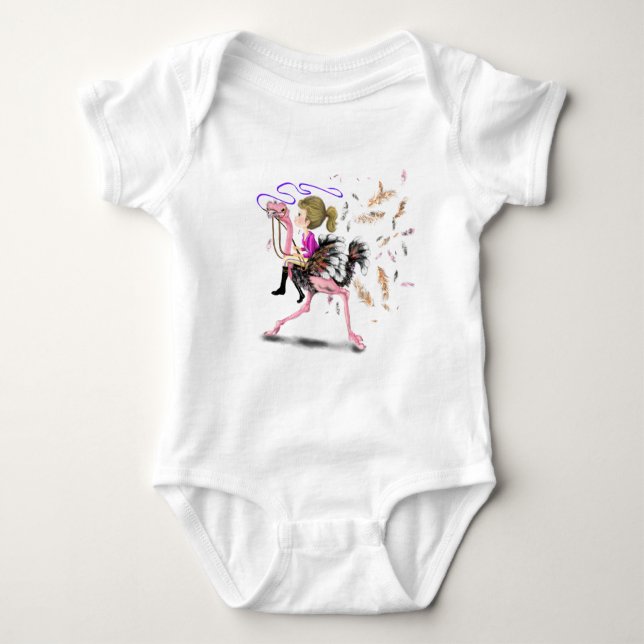 Happy Girl and Ostrich - Racing Team - Fun Drawing Baby Bodysuit (Front)