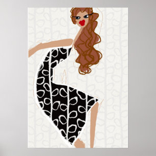 Happy Girl Dancing Black White Fashion Poster