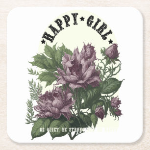 Happy Girl floral design Square Paper Coaster
