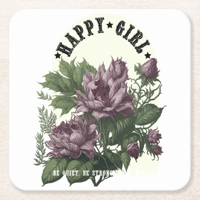 Happy Girl floral design Square Paper Coaster (Front)