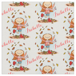 Happy girl in playing in fall leaves fabric