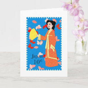 Happy Girl Japan Stamp Art Folded Greeting Card