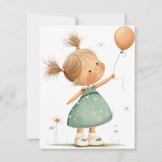 Happy Girl with Balloon Watercolor RSVP Card